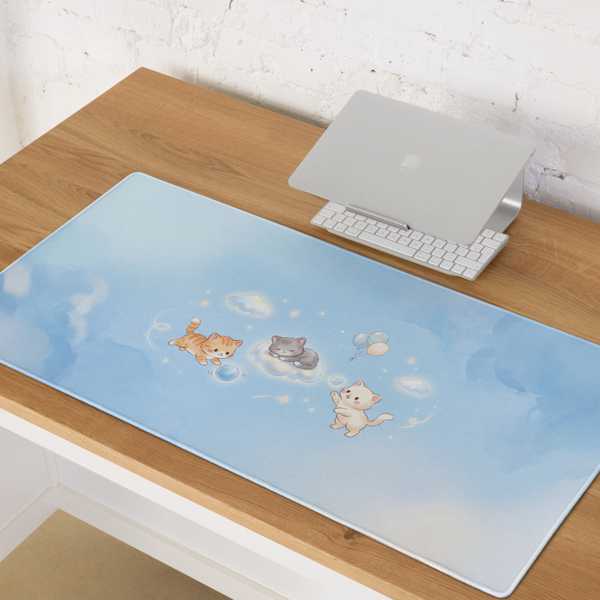 Pastel Pink Sky Blue Cute Cat Balloons Gaming Mouse Pad