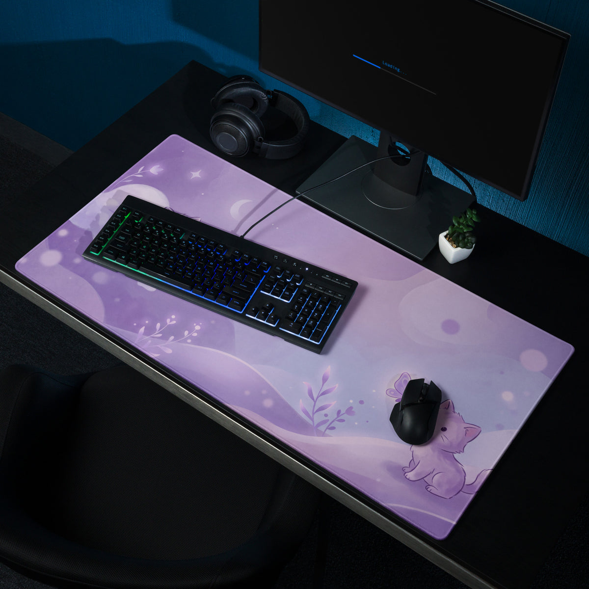 Purple Cat Themed Gaming Mouse Pad Cozy Cute
