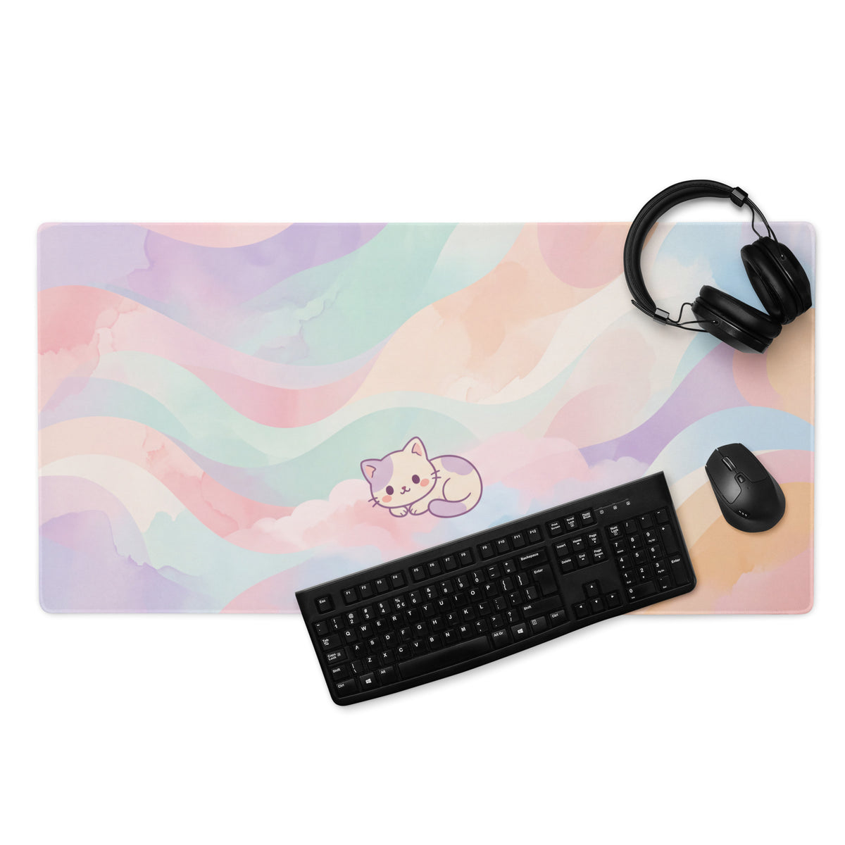 Pastel Rainbow Cat Gaming Mouse Pad Cute Girly Design