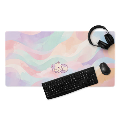 Pastel Rainbow Cat Gaming Mouse Pad Cute Girly Design