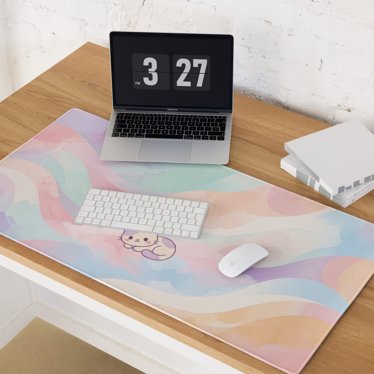 Pastel Rainbow Cat Gaming Mouse Pad Cute Girly Design