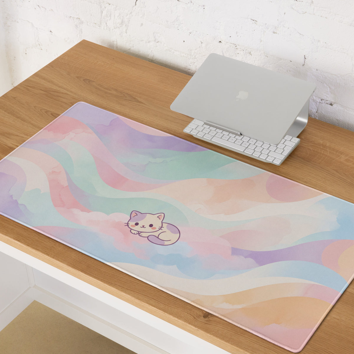 Pastel Rainbow Cat Gaming Mouse Pad Cute Girly Design