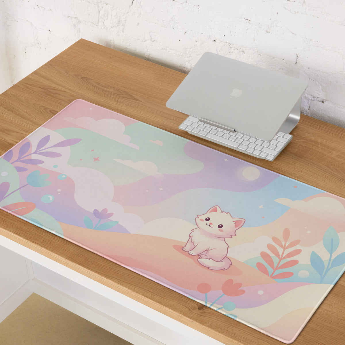 Pastel Girly Cute Cat And Cloud Mouse Pad