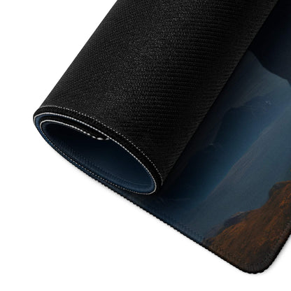 Black textured gaming mousepad with epic fantasy mountain scene and night sky