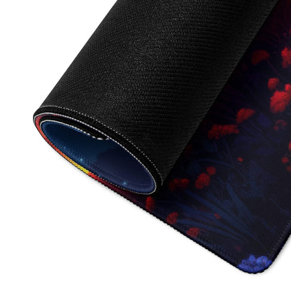 Rolled back of Dreamy Night Sky Cottage gaming mouse pad with cosmic nebula texture