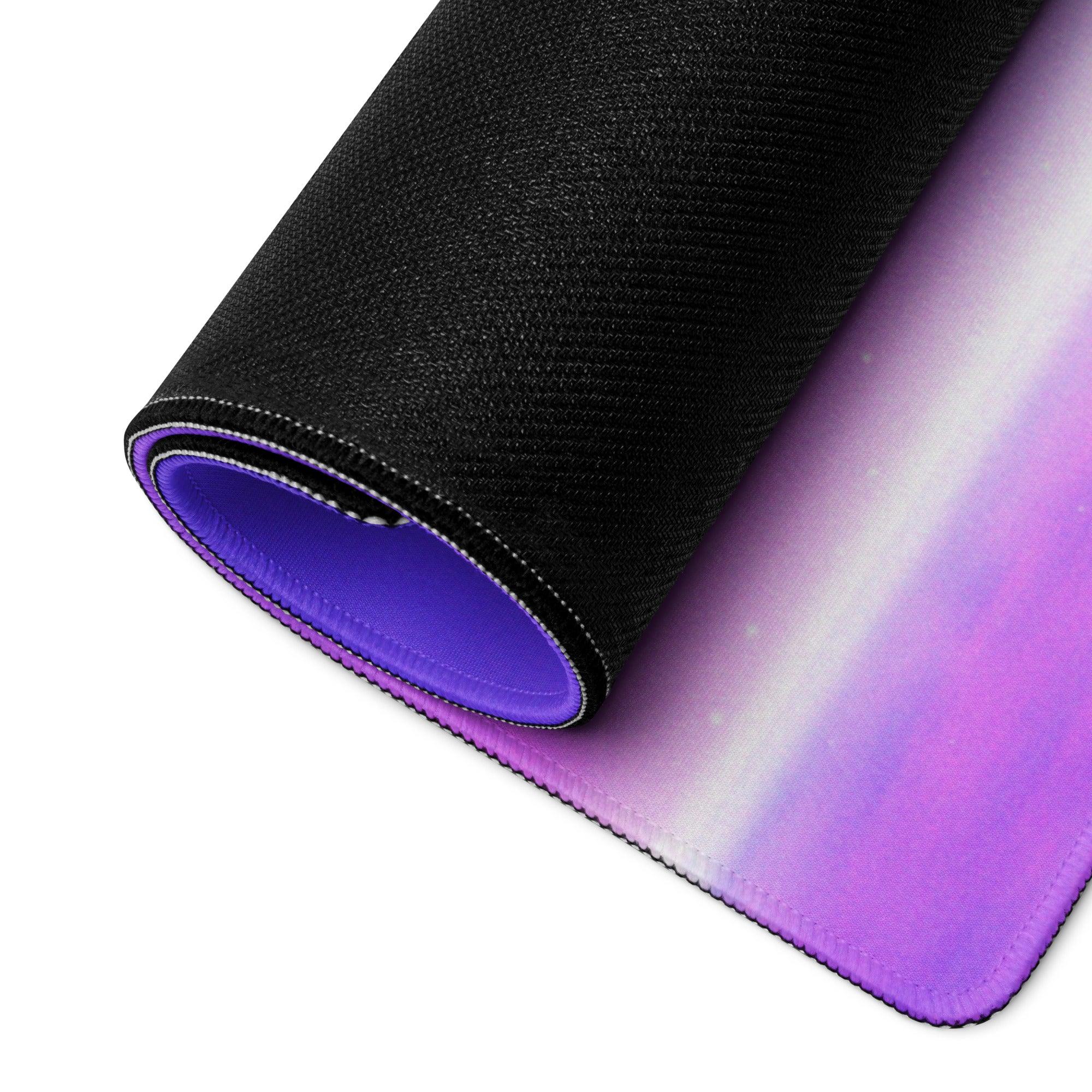 Rolled-up Neon Sunset Island large gaming mouse pad with purple-white gradient