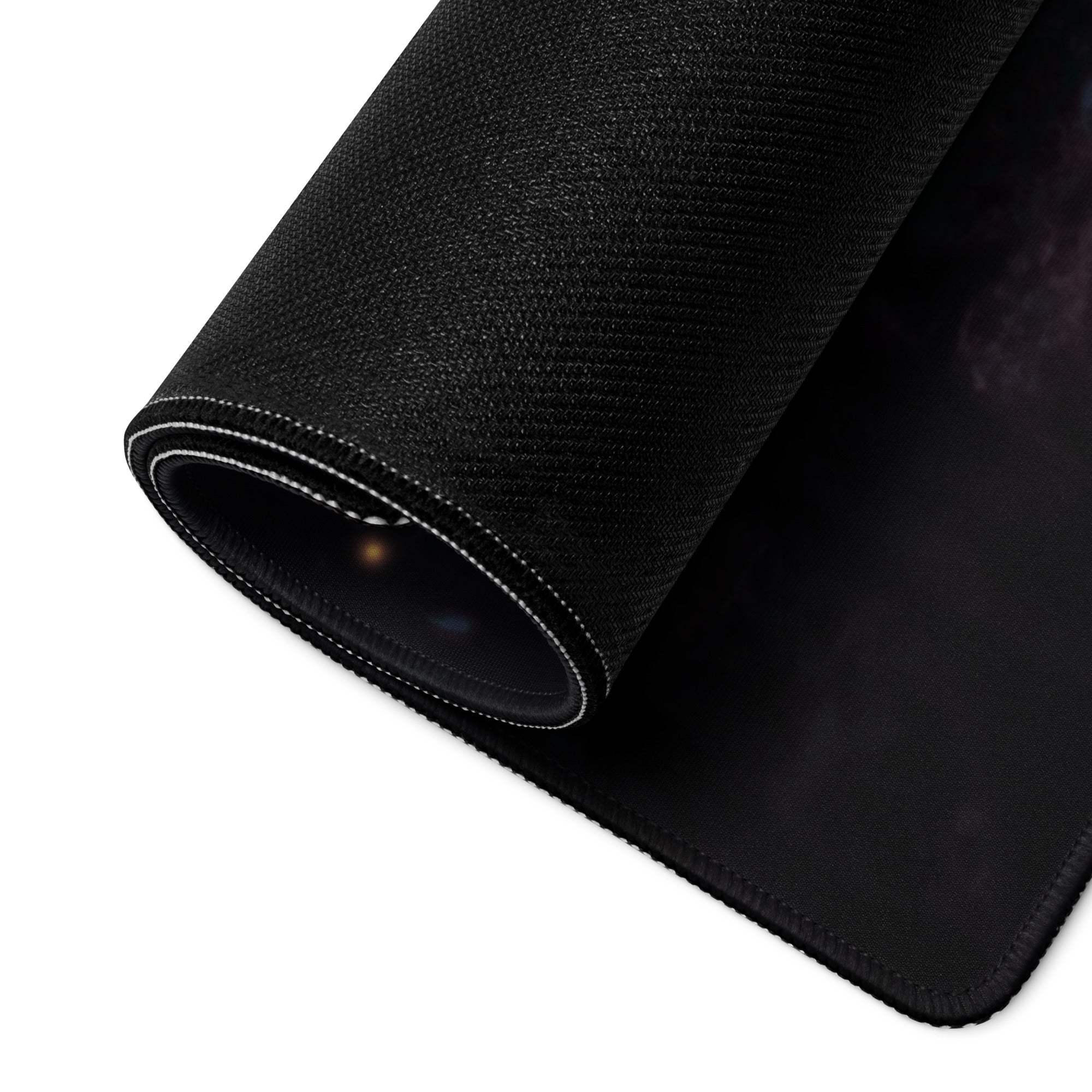 Black textured Mystical Forest Night mousepad with white edge stitching