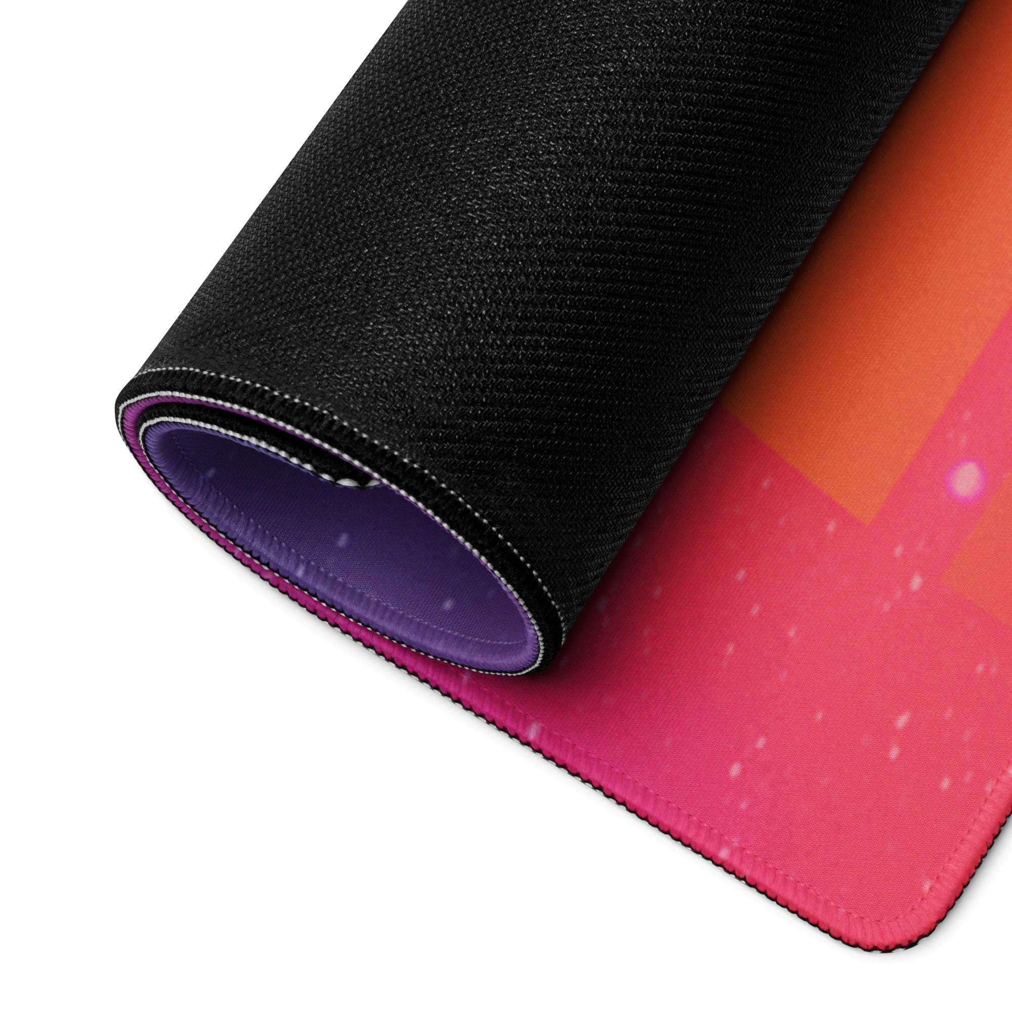 Rolled-up Sunset Neon Torii Gate large gaming mousepad with pink-orange gradient