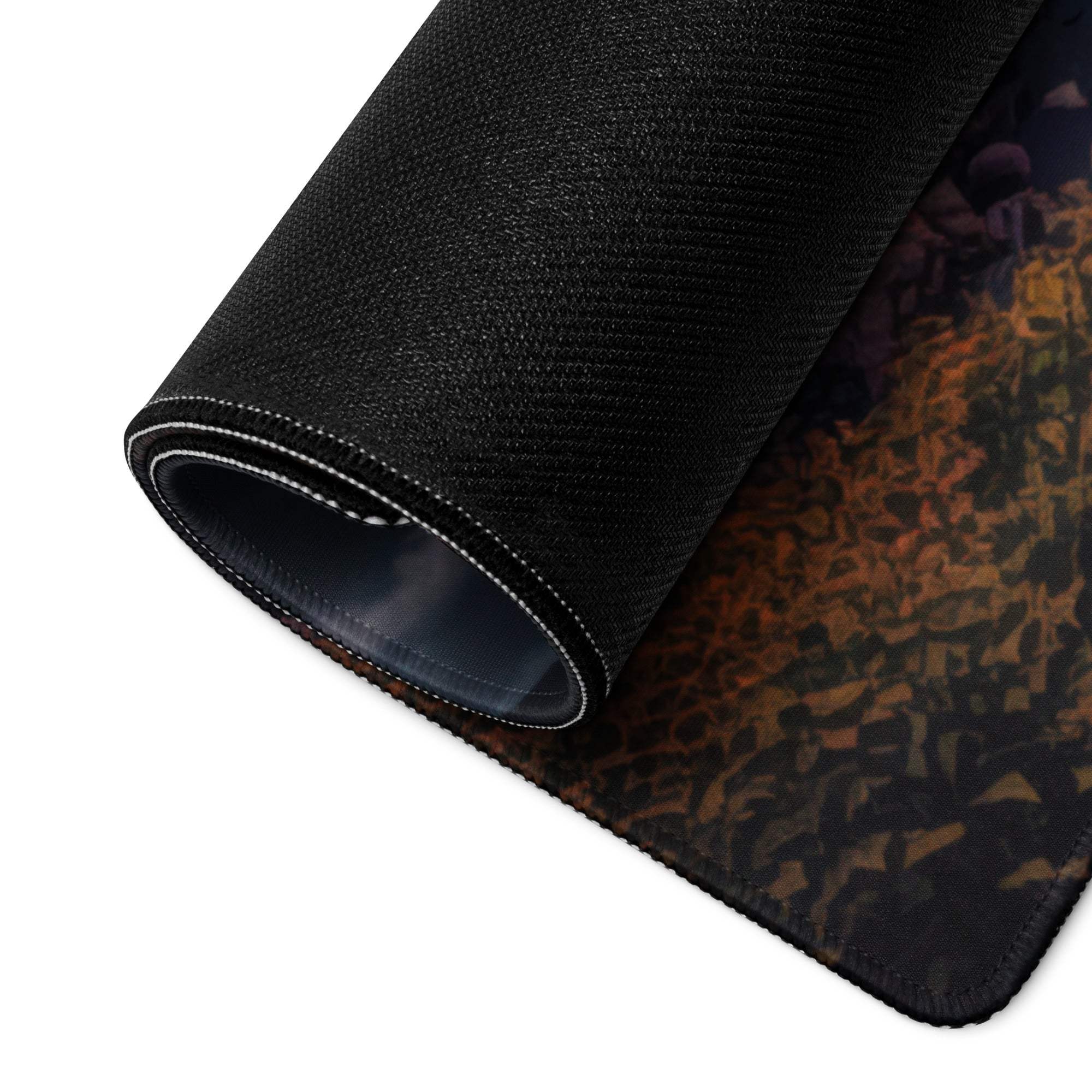Black camo textured gaming mousepad with white edge stitching