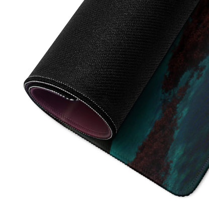 Large Dreamy Sunset Bridge gaming mousepad with black textured maroon edge and teal brown design