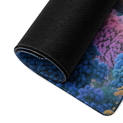 Dreamy Paris Nightscape large gaming mouse pad rolled up with vibrant purple blue floral design