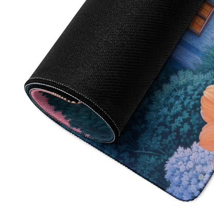 Rolled-up Dreamy Landscape large gaming mouse pad with hydrangeas