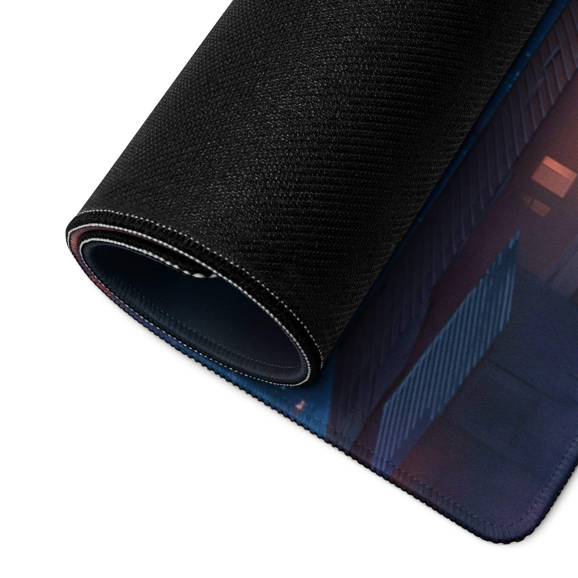 Epic Twilight Sunset City Skyline gaming mouse pad with black textured non-slip edge stitching