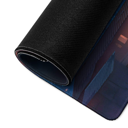 Epic Twilight Sunset City Skyline gaming mouse pad with black textured non-slip edge stitching