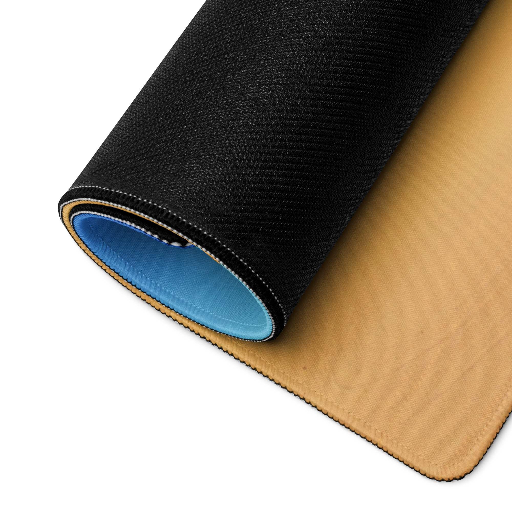 Desert Dunes Sunrise black textured gaming mouse pad with tan leather surface