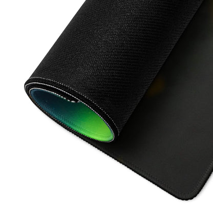Black textured Aurora Northern Lights mousepad with vibrant green blue underside at rolled edge