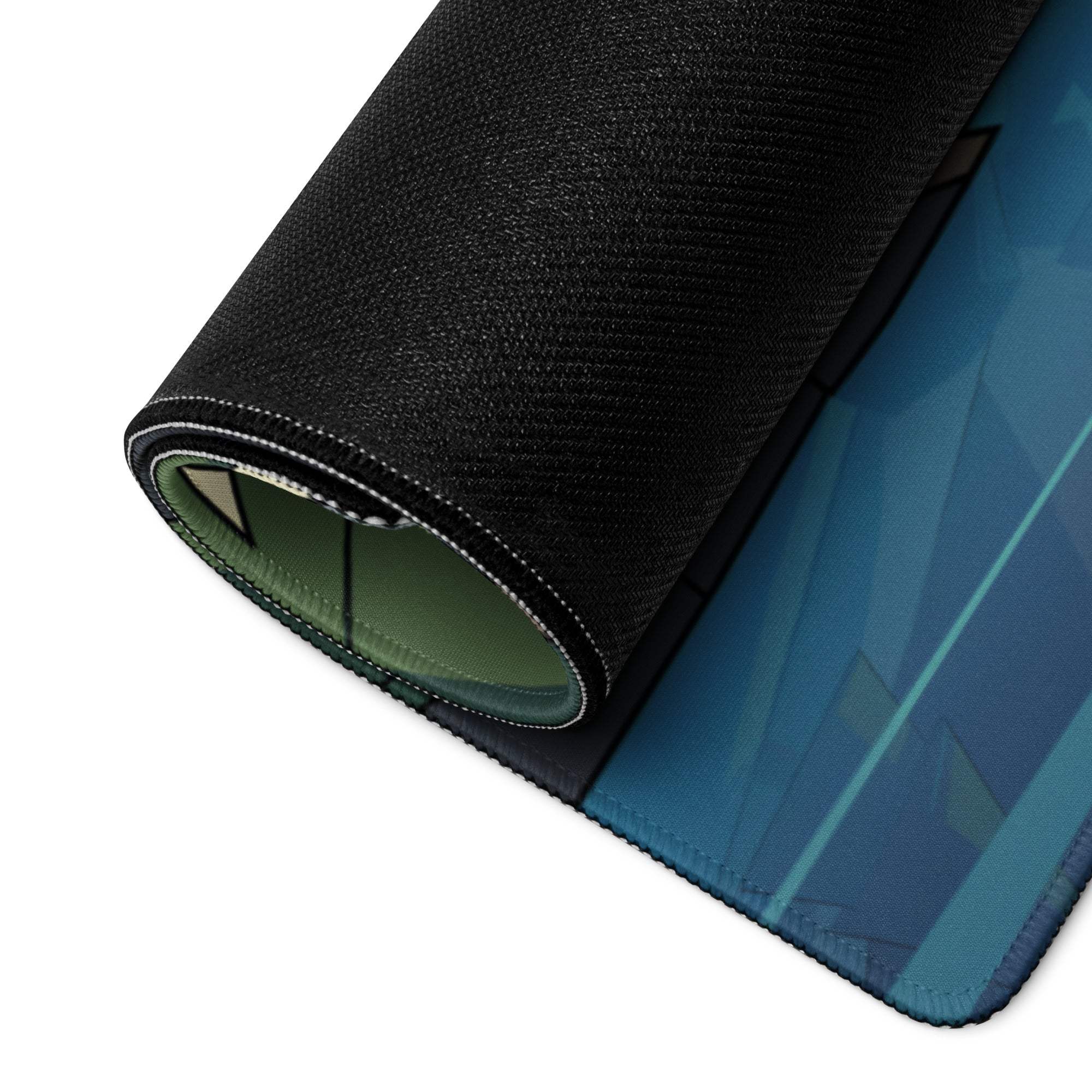 Black textured mousepad with blue geometric edge and serene mountain boat design