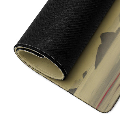Black textured mousepad back with beige gray abstract design, rolled to show layers
