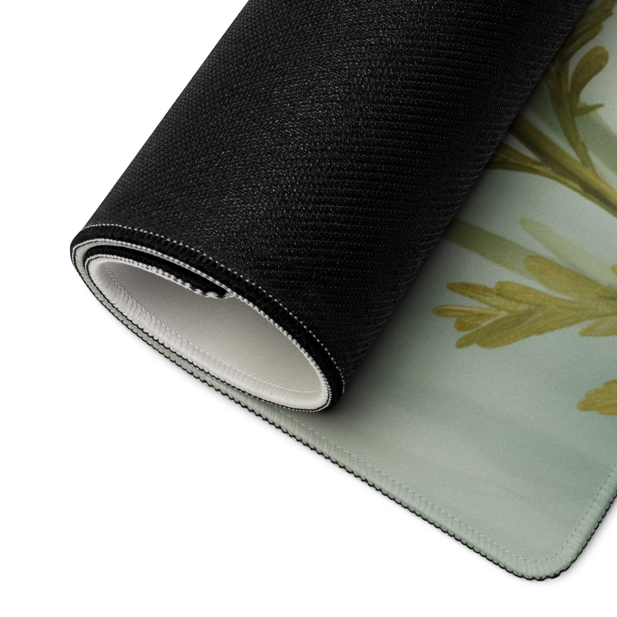 Rolled-up Floral Poppy large gaming mouse pad with leaf patterns