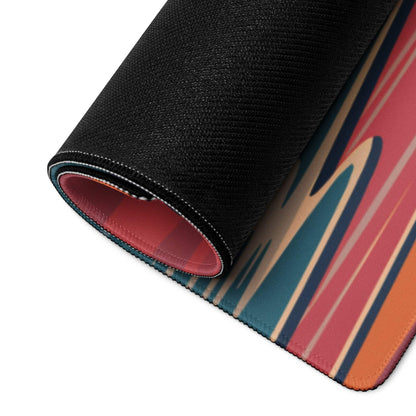 Rolled-up Tropical Sunset Beach gaming mouse pad with palm trees and vibrant stripes