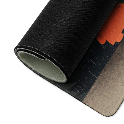 Black textured gaming mousepad with rolled edge, orange design, non-slip base