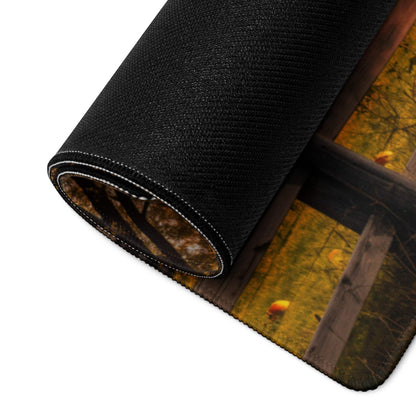 Rustic autumn farm landscape mouse pad with barn, pumpkin patch, black textured rolled edge