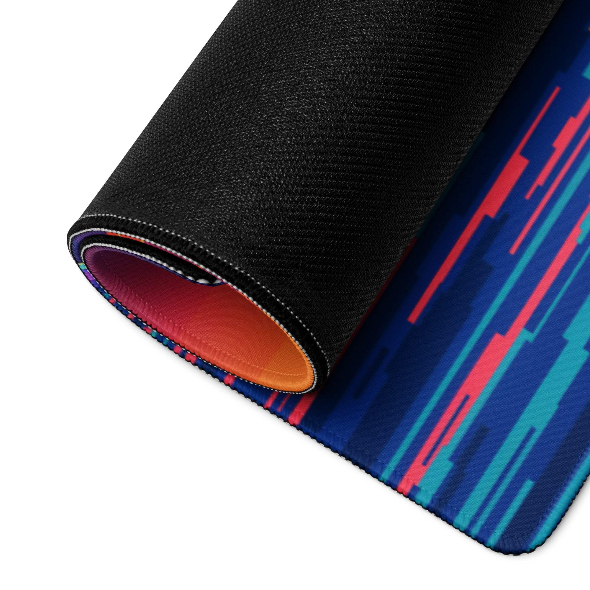 Rolled-up Vibrant Pixel Ocean Sunset Dolphin gaming mousepad, blue red teal pattern