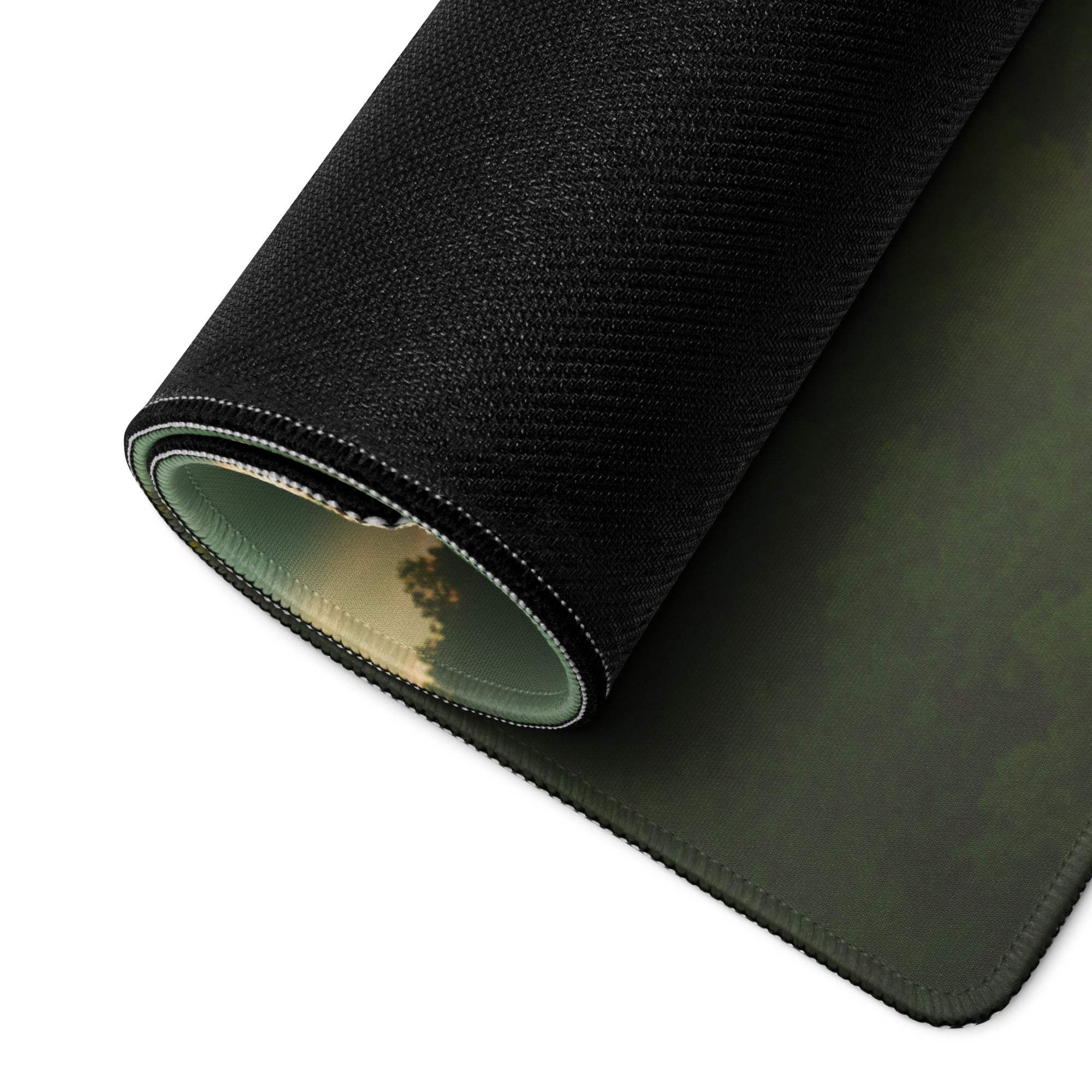 Back of Epic Fantasy Castle mouse pad with green camo underside and rolled edge