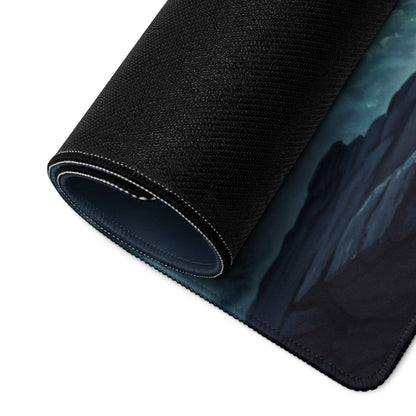 Black textured mousepad with dark blue stormy mountain landscape design