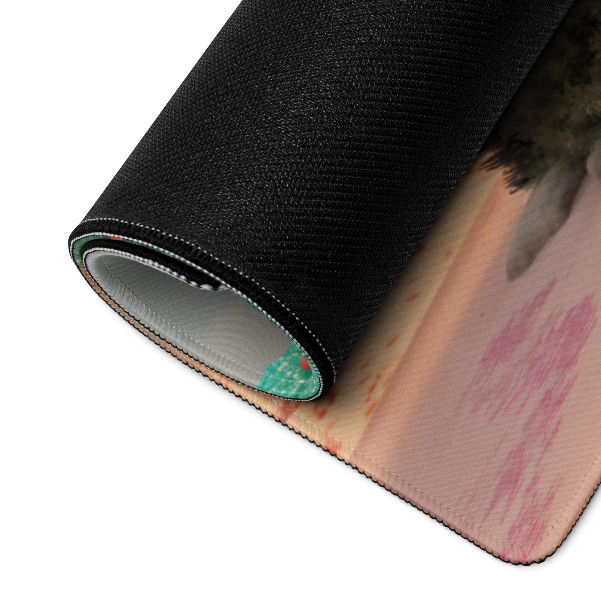 Candy Land large gaming mouse pad with pink peach print, black texture, rolled edge