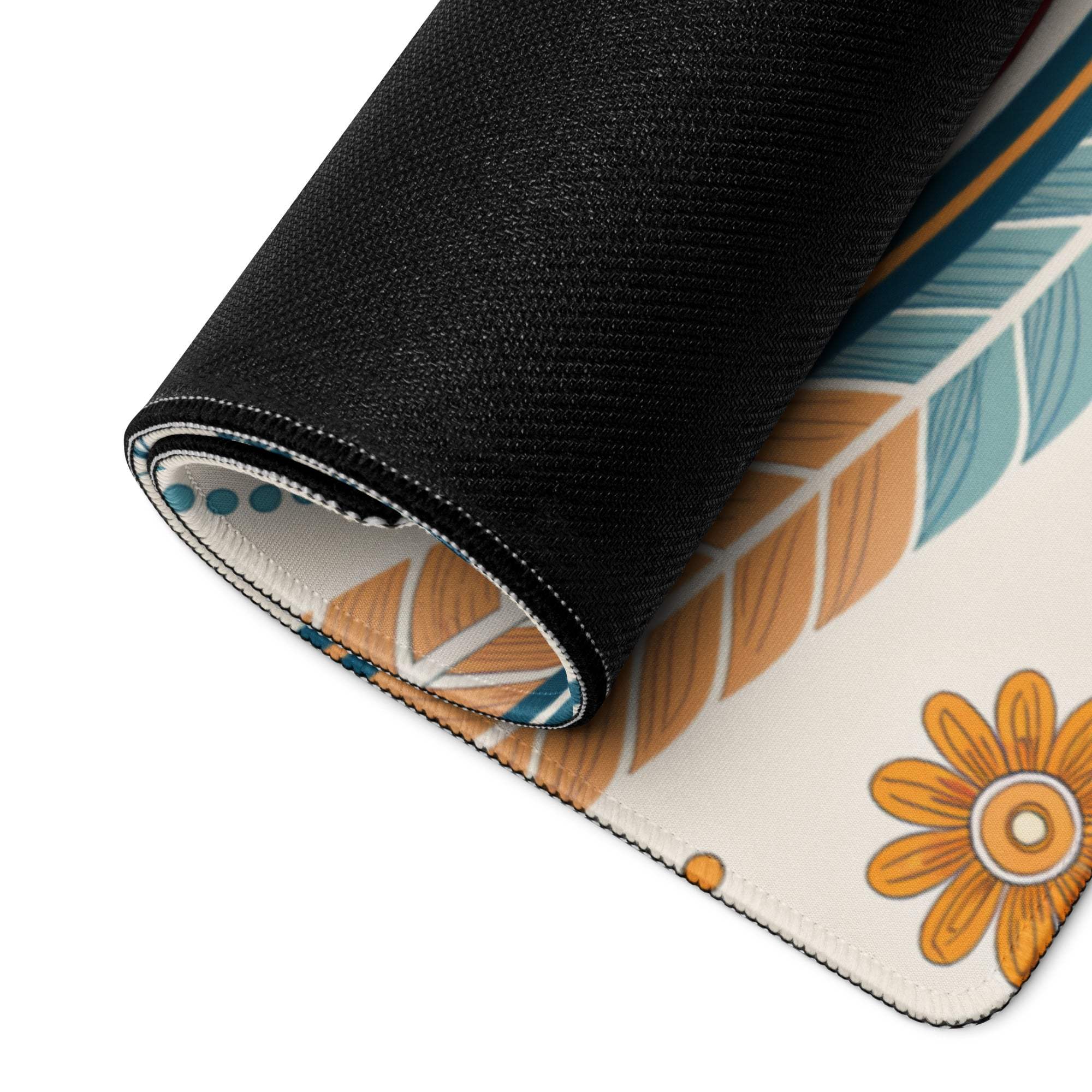 Boho floral cream gaming mouse pad with orange teal feathers large non-slip stitched