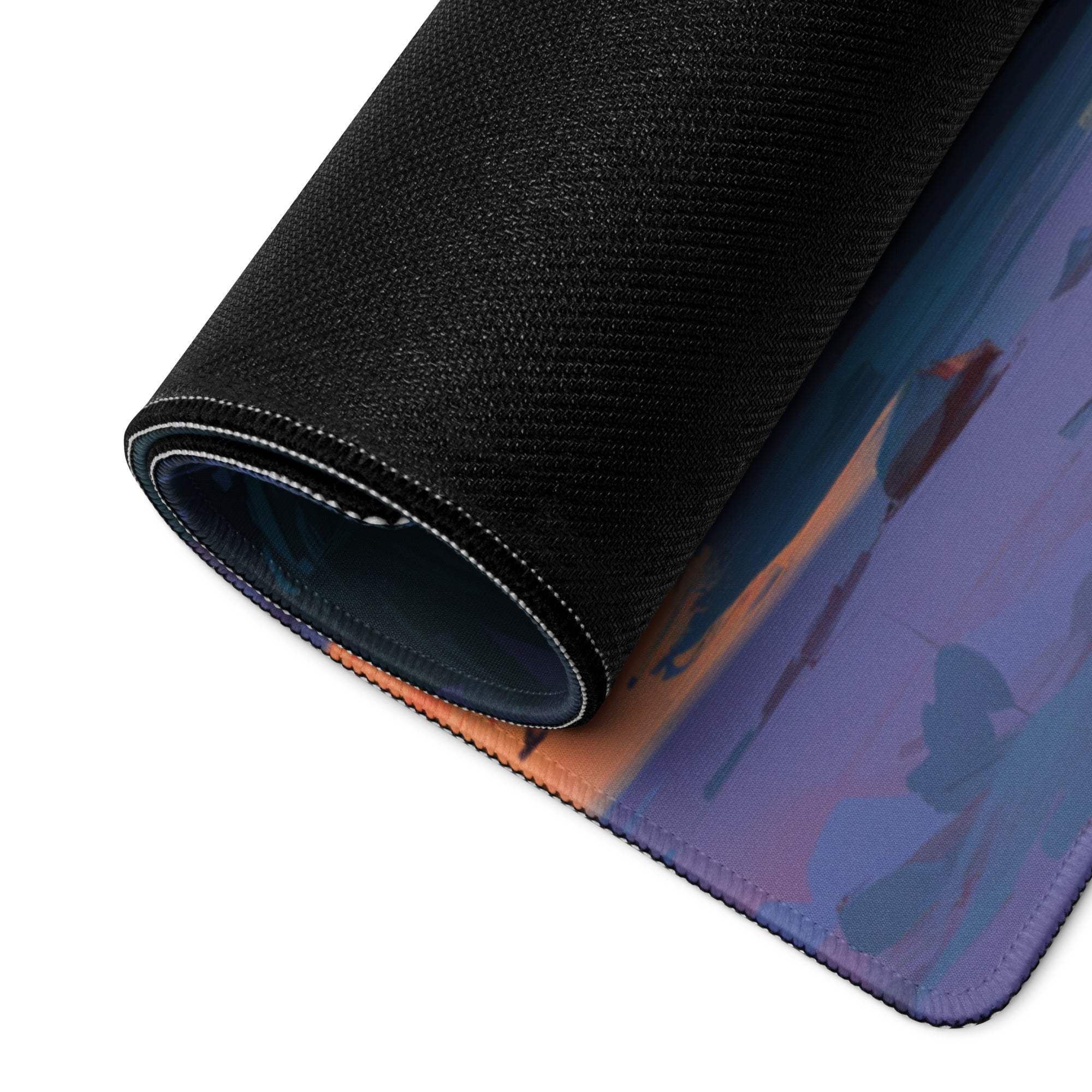 Rolled-up black gaming mousepad with vibrant retro beach sunset van scene
