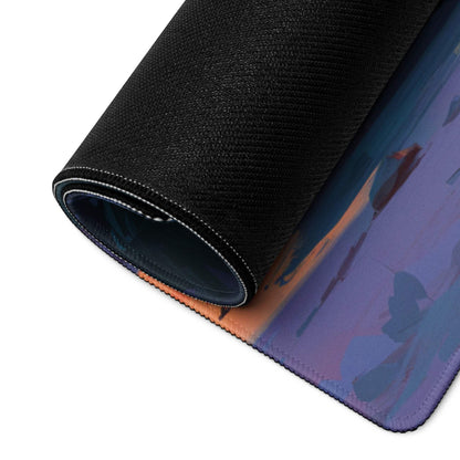 Rolled-up black gaming mousepad with vibrant retro beach sunset van scene