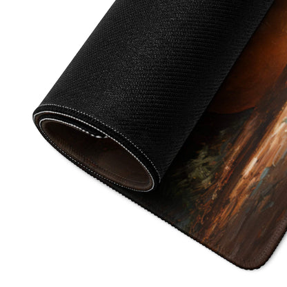 Dark Knight in Forest Ruins black textured gaming mouse pad rolled edge
