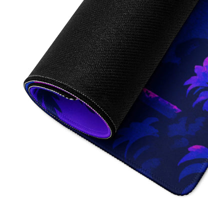 Vaporwave Neon Sunset Mansion gaming mouse pad with purple blue tropical leaves