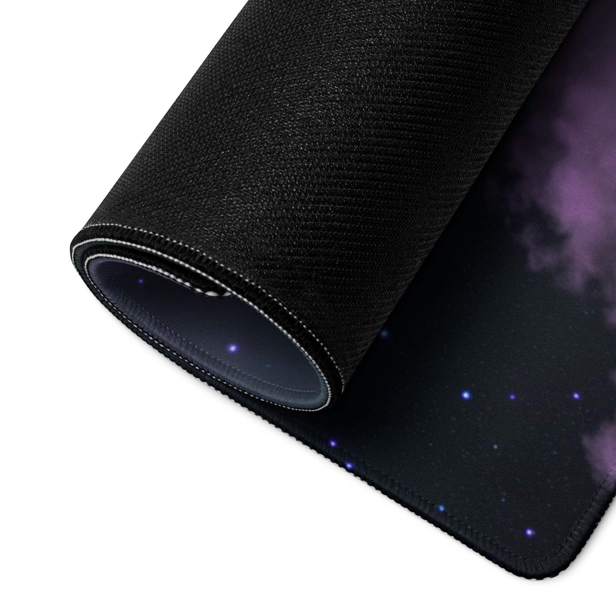 Large cosmic space gaming mouse pad with purple nebulae, blue stars, non-slip base