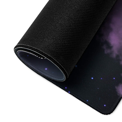 Large cosmic space gaming mouse pad with purple nebulae, blue stars, non-slip base