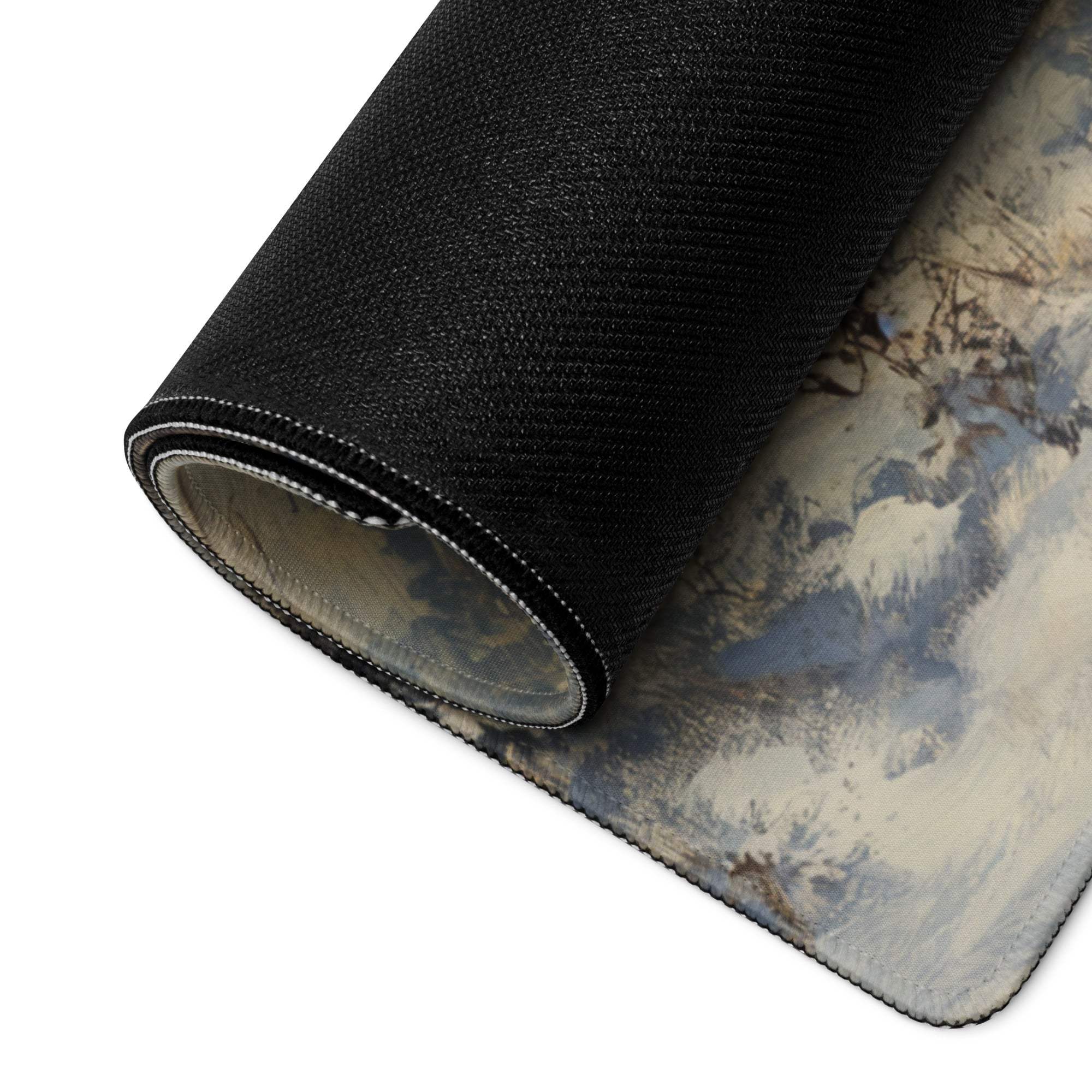 Black textured gaming mousepad with rolled edge Impressionist winter cabin scene
