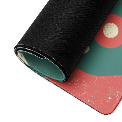 Vibrant floral abstract gaming mouse pad rolled up with teal coral geometric design