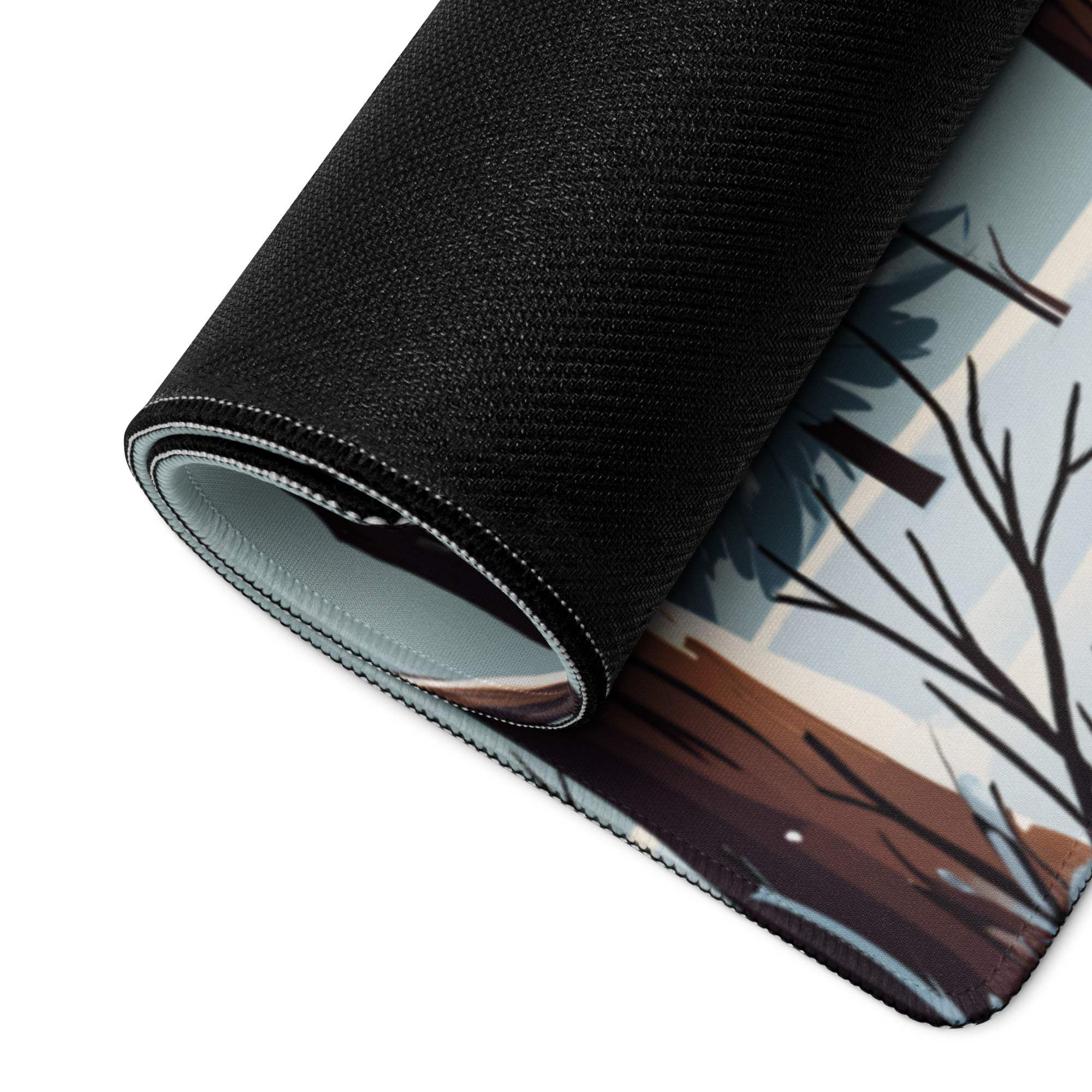 Cozy winter cabin snowy forest mousepad in calm blue, black textured rolled edge