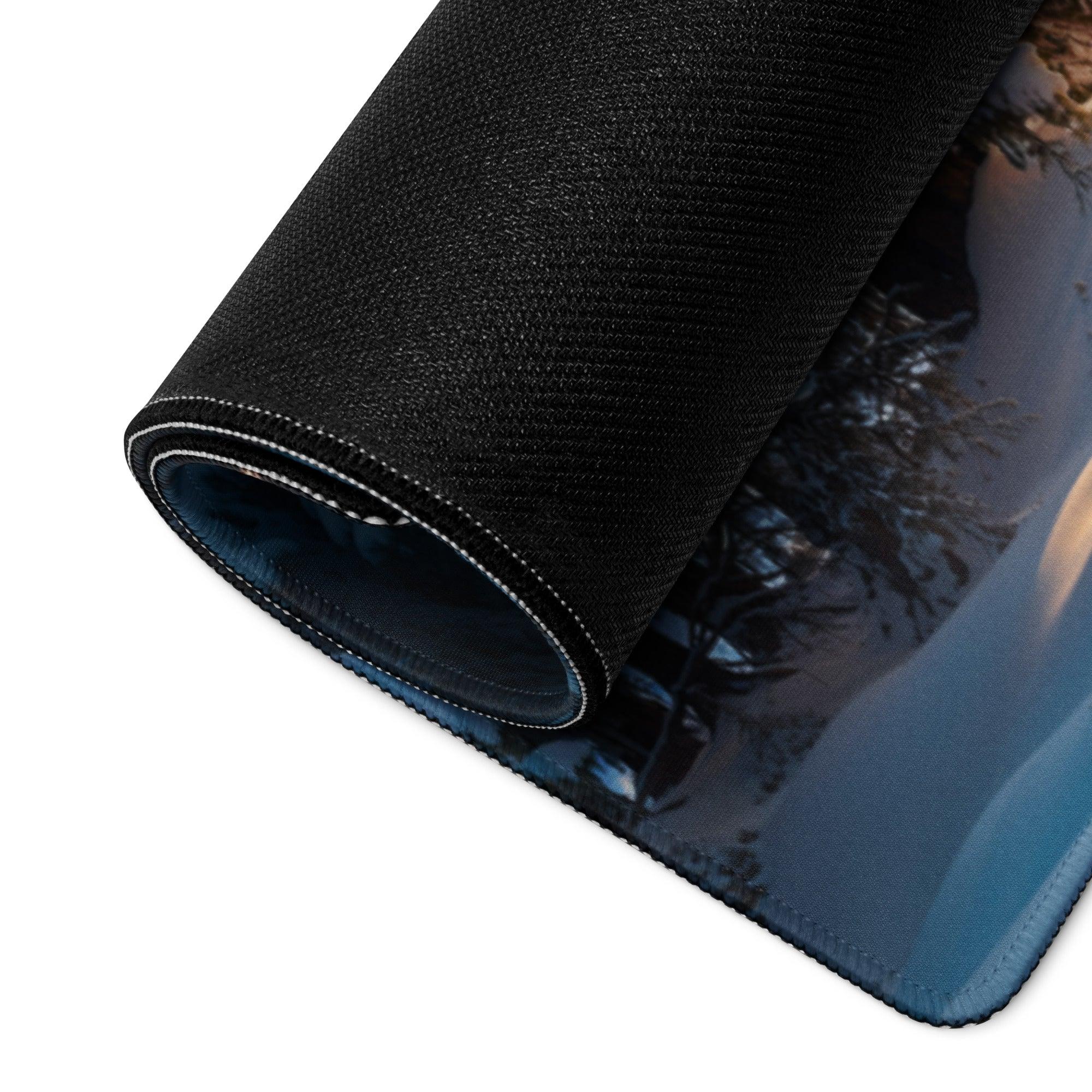 Black textured Winter Forest Serenity gaming mousepad with deer by snowy cabin