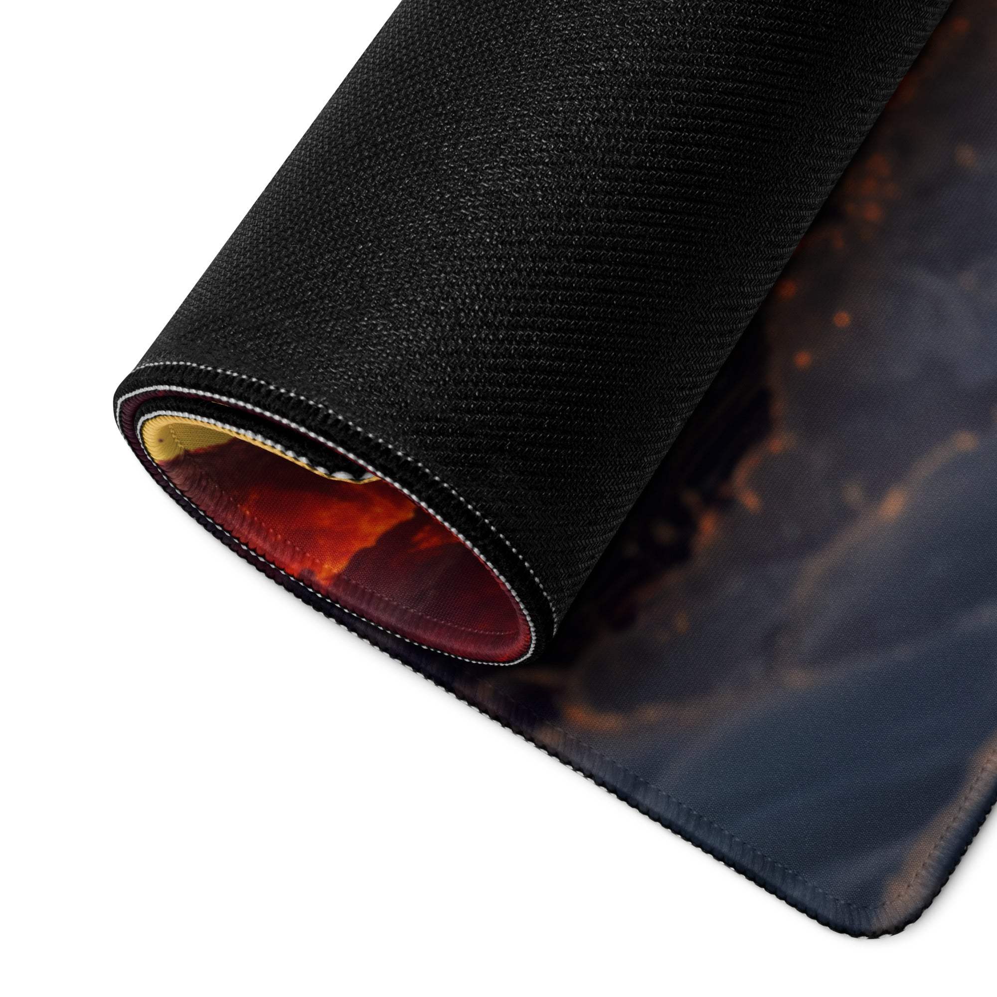 Black textured gaming mousepad with fiery orange red lava design