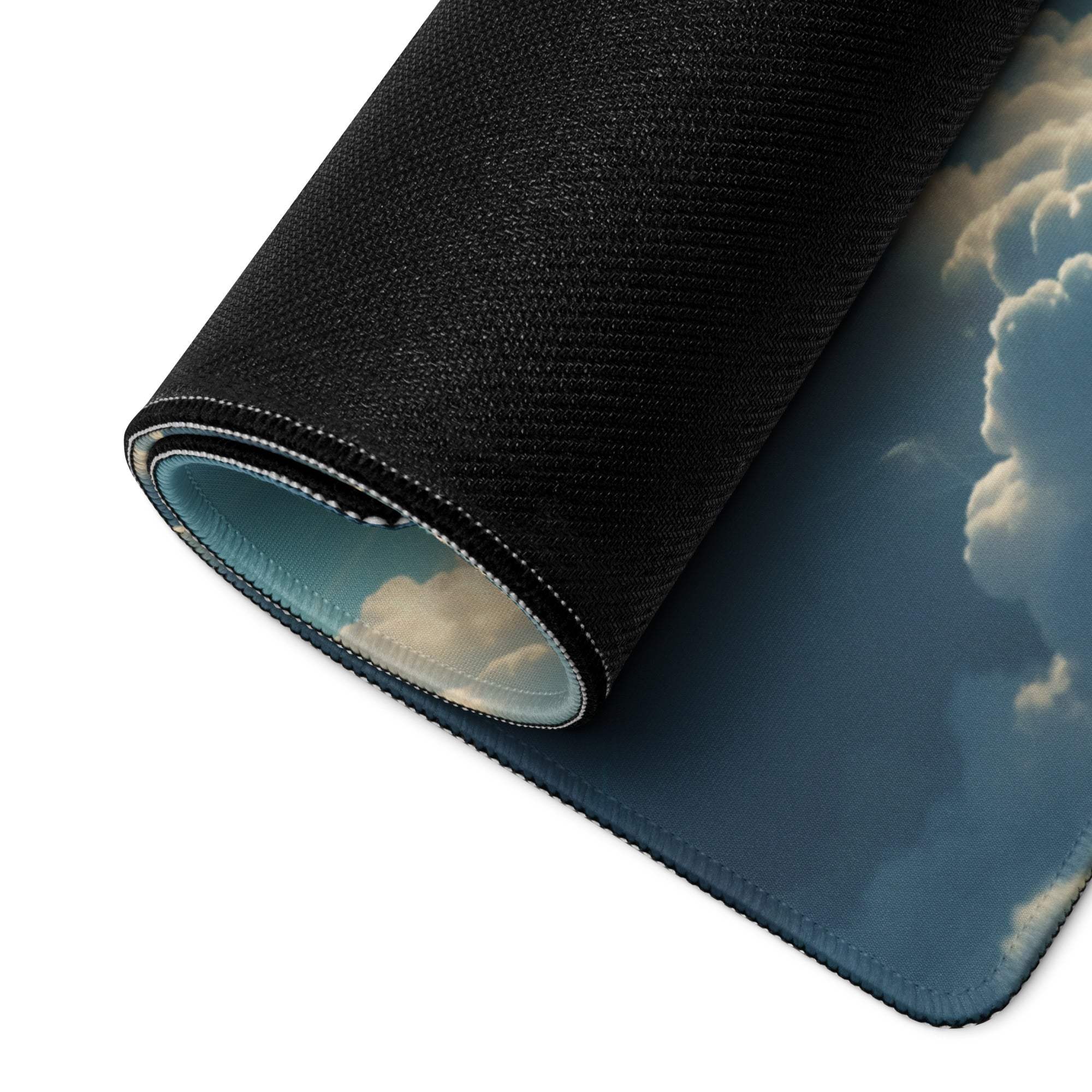 Black textured Celestial Sky mousepad with dreamy blue clouds, stitched edges
