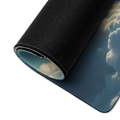 Black textured Celestial Sky mousepad with dreamy blue clouds, stitched edges