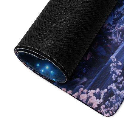 Black textured mousepad with pink cherry blossoms, blue starry skies, rolled edge