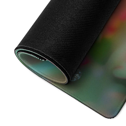 Black textured mousepad with blurred pastel floral butterfly design and teal non-slip underside