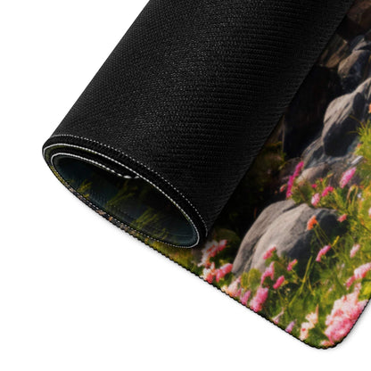 Black textured mousepad with rolled edge, pink orange wildflowers on rocks