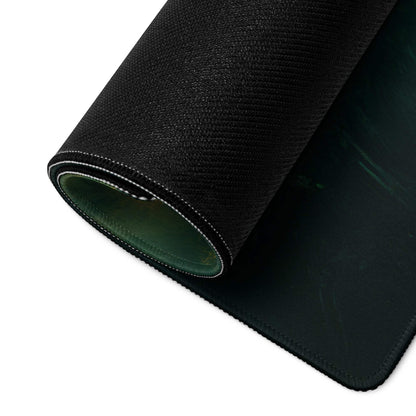 Black textured Epic Fantasy Phoenix gaming mousepad with green lining and stitched edges