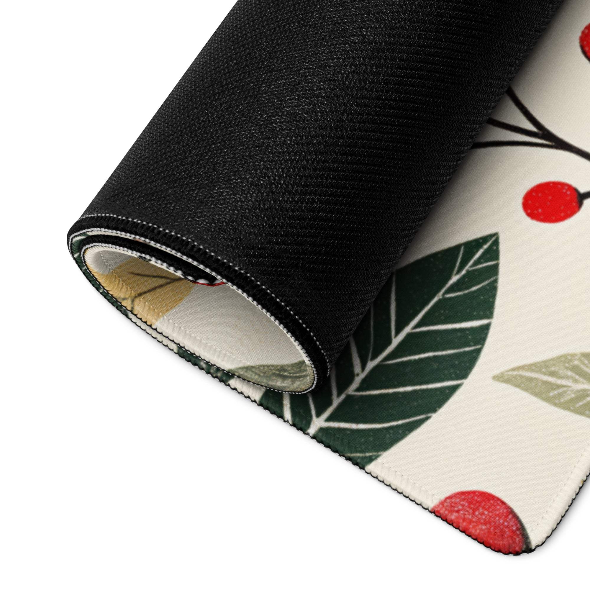 Botanical autumn floral gaming mouse pad with green leaves, red berries, rolled up