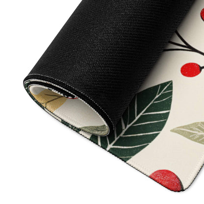 Botanical autumn floral gaming mouse pad with green leaves, red berries, rolled up